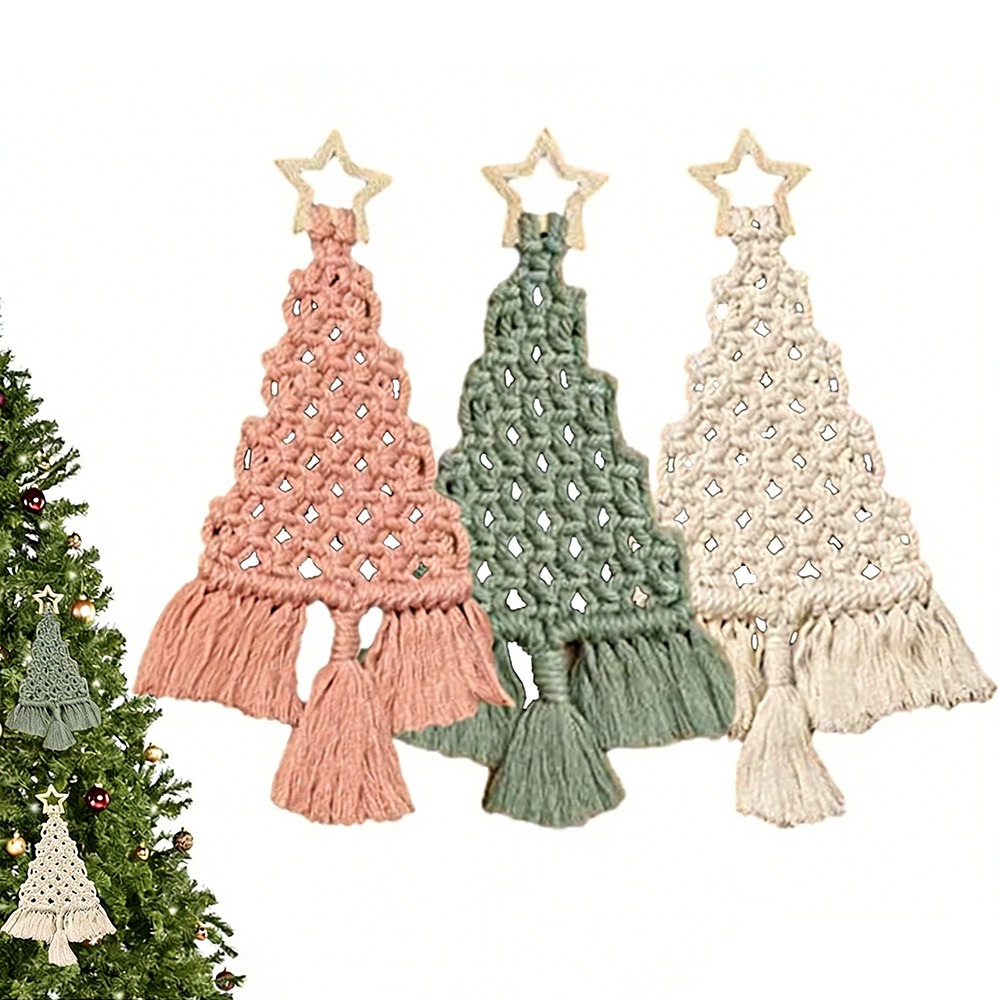 Macrame Cord Cotton - 3-teiliges Weihnachtsbaum-DIY-Makramee-Set, handgefertigtes gewebtes Baumwollseil, Weihnachtsbaum-Bastelset